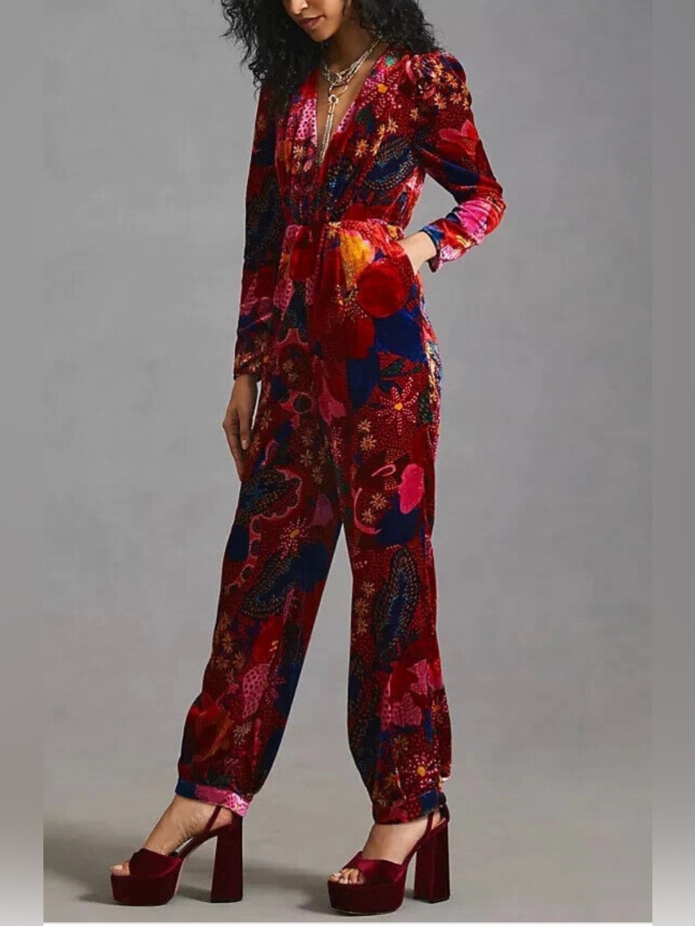 FARM Rio Snake Garden Velvet Jumpsuit Red Plunging V-Neck NWT Size XL